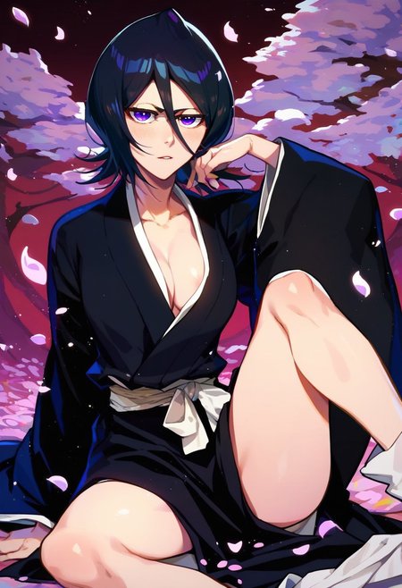 score_9, score_8_up, score_7_up, score_9,  BREAK   <lora:rukia:1> rukiaSDXL, 1girl, solo, looking at viewer, short hair, black hair, long sleeves, hair between eyes, purple eyes, japanese clothes,white ribbon, wide sleeves, kimono,  petals,  black kimono, kuchiki rukia, sitting, ((nip slip)), (legs spread),