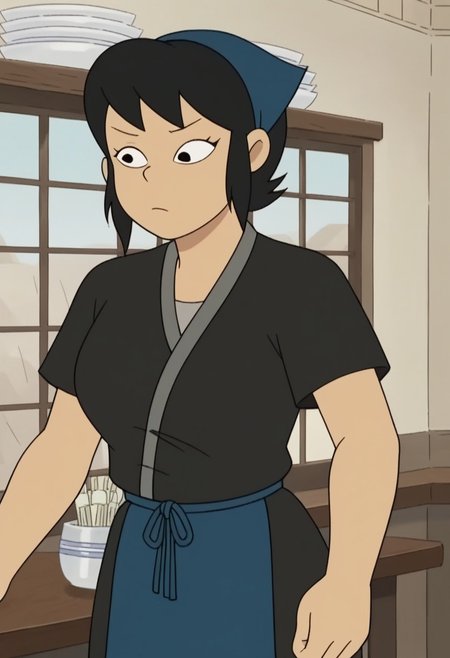 score_9, score_8_up, score_7_up, source_anime, anime screencap,  kazumi watanabe, 1girl, solo, black hair, short hair, black eyes,large breasts, apron, japanese clothes, kimono, black shirt, shirt,head scarf,short sleeves, indoor, sexy pose,