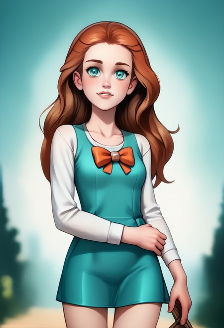 score_9, score_8_up, score_7_up, score_6_up, PRSNL_3_1, uncensored, pupils black dots, lips,
upper body, best quality, masterpiece, 4k, realistic, warm light,
PokeJasmine, long hair,
sandals, short white cardigan, collarbone, orange bowtie, sleeves past elbows, (very short dress), aqua dress