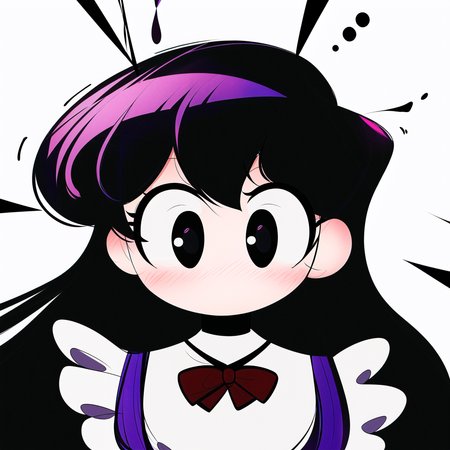 ((komi shouko)), 1girl, apron, black eyes, dotted background, emphasis lines,komi-san wa komyushou desu, long hair, looking at viewer, maid, (no mouth), (no nose), purple hair, self-upload, solo, sound effects, upper body, nose blush, large eyes, shaded face <lora:komi_shouko:0.5>