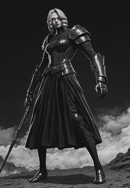 score_9, score_8_up, score_7_up, score_6_up, manga, monochrome, greyscale, night, comic,
masterpiece,best quality,amazing quality,very aesthetic, absurdres, textured skin, anime style, (black and white, grayscale, monochrome:1.1), shaded, bold lines, Crestyle, detailed background, manga, 
shindol, Crestyle, m4ng4, Sinozick_illu, spot color, in the style of cksc, abstract, surreal, intricate background, ornate, 
shadows,  Rim Lighting, , 
1girl, blunt_ends,  ringlets hairstyle,  monster pupils,   elaborate tattoo,  knee high socks, silk shoes, socks belt, armored gloves, modern military armor, (solo:1.6), light skin,, light hair, dark eyes, young,  red eyes, sinister, dramatic, 
luminescent print, (dark Violet clothes, colored clothes,:1.3)   armored, 
tiled baggy gown, latex corset-layered Kilt, High-waisted trousers, 
silver staff, holding weapon, large weapon, colossal weapon, oversized weapon,, fighting pose, (dynamic pose:1.4), motion lines, dutch angle, smoke, fog, heavy sky, dark theme, light particles, 
distant mountains, distant valley, distant forest, clouds, mist, (Crimson background:1.1), black background, 
