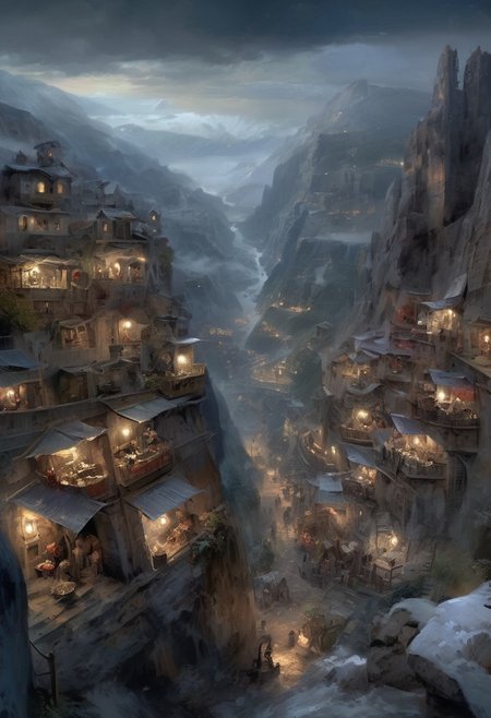 Landscape oil painting, the viewer looks down a mountain canyon into a vast city that clings to the cliffs,, the city is constantly rain drenched and the lights of the city stand out amongst the blues and greys of the painted houses,, bright throughfares are crowded with people giving the air of chaotic community,, frostpunkai, 4K uhd, masterpiece, high detail, 8k, intricate, detailed, high resolution, high res, high quality, <lora:add-detail-xl:1.8>, highly detailed, Extremely high-resolution details, fine texture