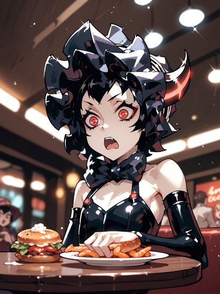 <lora:happy_tentacle-fishisodemon-v0.1-000020:0.9>, ht_fishisodemon, flat chest, black clothes, goth fashion, red eyes, bonnet , cowboy shot, 1girl, solo focus,(surprised, wide-eyed:1), indoors, restaurant, table, (people:1.2) , sidelighting, depth of field, from below, (petite:1.2), [(realistic, photorealistic:1.2):(realistic:1.3):22], [(3d:1.3)::12], <lora:LUUNA's Lunas-NijiJourney-SDXL-B2:0.5>, nijijourney, <lora:prgfrg23's Counterfeit-V3.0 Style SDXL_LoRA_Pony Diffusion V6 XL:0.35> <lora:mfcg's mfcgXL:0.1> <lora:Shed_The_Skin's StS_age_slider_v1_initial_release:-1.1>, score_9, score_8_up, score_7_up, score_6_up, score_5_up, score_4_up,