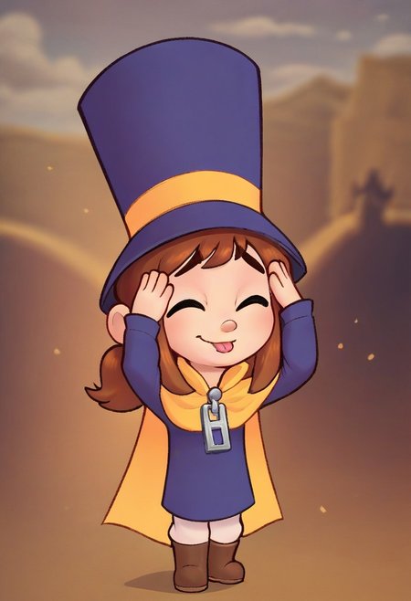 score_9, score_8_up, score_7_up, AhEtoBlehMeme, closed eyes, tongue out, :p, hands on own head, smile, <lora:AhEtoBlehMeme_pdxl_Incrs_v1:1> HK_Prime,  hat, blue eyes, brown hair, top hat, yellow cape, boots,