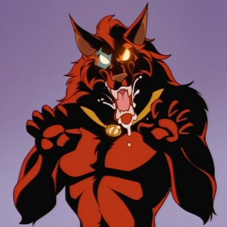 score_9, score_8_up, score_7_up, Expressiveh, masterpiece, best quality, highly detailed, realistic, (zPDXL3), 1girl, solo, (WFJanine, furry, anthro, canine, fox, werefox, red body, black body, red fur, black fur, two tone body, two tone fur, white sclera, no pupils, fangs, canine teeth, blue eye marking, gold necklace, brown nose, angry, wide eyes, glowing eyes maw shot), upper body, open mouth, ((tongue out, saliva)), looking at viewer, purple background, simple background, standing, (((claw pose))) 5 fingers