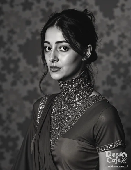 vintage greyscale photo of Ananya Pandey woman, hyper realistic photo that is safe for work,  studio quality image, well dressed wearing intricate turtleneckDhoti Saree, hair styled as messy pixie,muted shaded wallpaper background that contrasts with the person, cinematic lighting,âââââ <lora:Ananya_Pandey_Flux_Kohya_V1:0.8>âââ