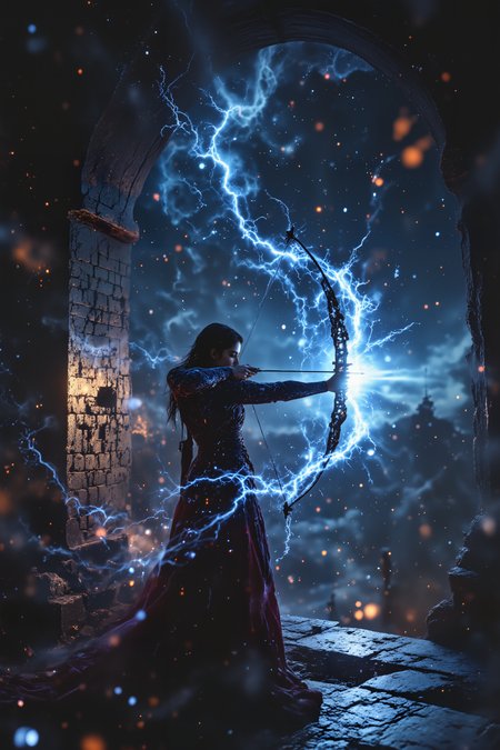 A star-touched warrior practices archery in a magical observatory. Her arrows are made of pure starlight, leaving trails of cosmic energy with each shot. Magical star maps serve as her training targets, with constellations moving and shifting to challenge her skills. Floating magical telescopes observe and analyze her technique. , detailed background  Fantastic lighting. Detailed shadows.intricate details, vivid colors, hyper-detailed, ultra-sharp, , <lora:OBInstant camera portrait photography V2.0:1.0>, <lora:Dark side of light:0.55>, <lora:aidmaFLUXPro1.1-FLUX-v0.3:1.0>, <lora:Glitchcore_Flux:0.8>,