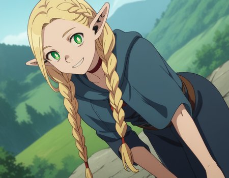 score_9, score_8_up, score_7_up, source_anime,
marcilledonato, <lora:marcille-donato-s1-ponyxl-lora-nochekaiser:1>,
marcille donato, long hair, blonde hair, green eyes, braid, pointy ears, twin braids, elf, bright pupils, parted bangs,
choker, robe, red choker,
outdoors, landscape, bent over, smile,
looking at viewer, solo, cowboy shot, dutch angle,