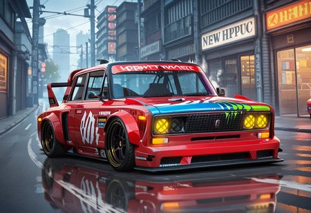 masterpiece, best quality, Graphic Design, color art, vibrant colors, colorful, intricate details, high contrast, detailed background, beautiful detailed, beautiful face, detailed eyes, detailed face, new, newest, no humans, vehicle focus, zh1g4, car, street, red car, stance (vehicle), spoiler (automobile), street, neon, sports car, drifting, 
tire smoke, anime, motion lines, speed effect,