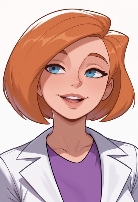 1girl, solo, white background, portrait, smile, lips, mature female, upper teeth only, 
blue eyes, orange hair, short hair, bob cut, 
lab coat, long sleeves, purple shirt, 
masterpiece, best quality, <lora:annpossible-guy90-Illust-LoraV1:1>, elbnna