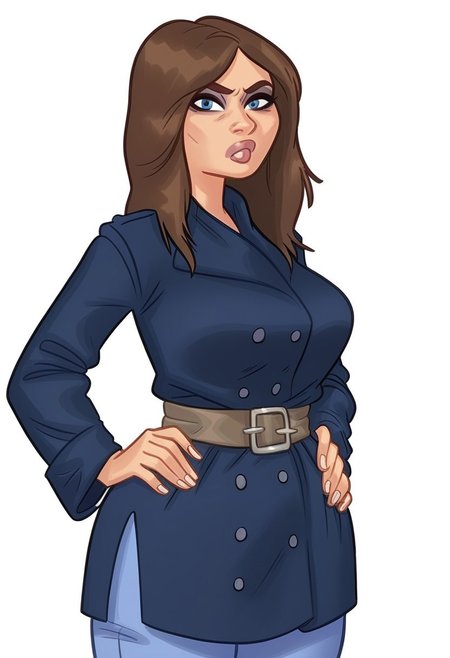 score_9, score_8_up, score_7_up, zPDXL, Rapscallionstyle, white background, 1girl, stsmelonia, mature female, milf, blue eyes, brown hair, blue pants, brown belt, blue coat, long coat, buttons, long sleeves, looking at viewer, stern expression, annoyed, hands on hips, cowboy shot, medium breasts, small waist, curvy:0.5, chubby:0.3