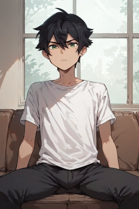score_9_up, score_8_up, score_7_up, Concept art, cartoon, 1boy, young, solo, male focus, Cody, green eyes, black hair, short hair, hair between eyes, mole under the eye, serious face, skinny body, white t-shirt, tight black pants, earring,  sitting on sofa, window, leaned on the windowsill, shaded, detailed shading, detailed skin, shaded skin, realistic shading, Expressive, in room, indoors, <lora:add-detail-xl:0.7>, <lora:Concept Art Style SDXL_LoRA_Pony Diffusion V6 XL:0.8>, <lora:Expressive_H:0.8>,  <lora:Cody_Witcher:0.8>