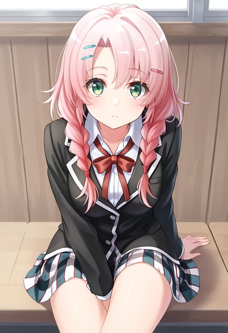 1girl, oregairumeguri, pink hair, long hair, twin braids, blue hairclip, green eyes, sobu high school uniform, blazer, looking at viewer, cute, <lora:Meguri_ill_v1:1>, masterpiece, best quality, high quality, detailed, absurdres