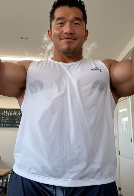 male focus,bara,facial hair,muscular male, pectorals, muscular, beard, large pectorals, huge nipples, covered nipples, short hair , mature male, thick thighs, arm hair, stubble, blush, thick eyebrows, looking at viewer, black hair, sideburns,  score_9, score_8_up, score_7_up, score_6_up, score_5_up, score_4_up, erected penis, (((htkangface))), East Asian face,  sweaty, hairy armpits,  red track pants, (((erection under clothes, erection through pants, erection under pants, erected penis covered by pants))), huge testicles, open clothes, open jacket, red track jackets, wearing tight white wet tanktop, indoors, lactation, outstretched arms forward up, (((hot white steam, high humidity))), seductive smile, close up chest, zoom in chest, (((POV))), classroom