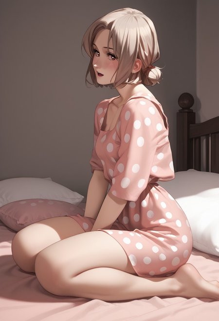 abbystea style, score_9, score_8_up, score_7_up, source_anime,hentai, anime,
gorgeous mature woman, milf body, beautiful eyes, tiny nose, light brown hair stylish hair cut,
wearing pink polka dot dress
in a pink bedroom, bed, pillow, sheets, 
side view, wide shot, open mouth, sitting pose