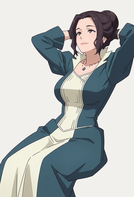 Smooth Quality,masterpiece,very intricate, high quality details, ultra realistic, high detailed skin,detailed enviorement,absurdres,
simple background, white background,
reclining, arms folded behind head, one knee bent, looking up, peaceful mood,  ,front view,
 <lora:Blumund_Queen_cnn:0.7>blumundqueencnn,1girl, black hair, hair bun,mature female, 
long sleeves, blue dress, black gloves,jewelry, necklace,