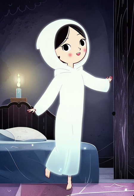 zPDXL3, source_cartoon, Perfect Hands, full body,
1girl, solo, aged down, bedroom, looking at viewer, saoirse, black hair, black eyes, blush, ghost, hood up, robe, barefoot, glowing, dancing on bed, from behind, facing at viewer, feeling cold, eyes open, smile, open mouth, sleeve past wrist, slim body, highlight cloth wrinkle, anime style, kicking, jumping,
<lora:Perfect Hands:1>  <lora:Saoirse_-_The_Song_of_the_Sea-000009:1>