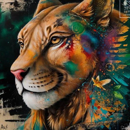 score_9,score_8_up,score_7_up,al_pt, acrylic paint (medium),surreal,colorful, in art style, Sphinx with brown light-tan green and gold color palette