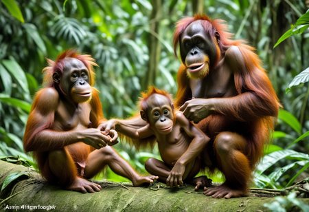 artrngtn, sumatran orangutan  youngsters playing in the jungle with mommma watching