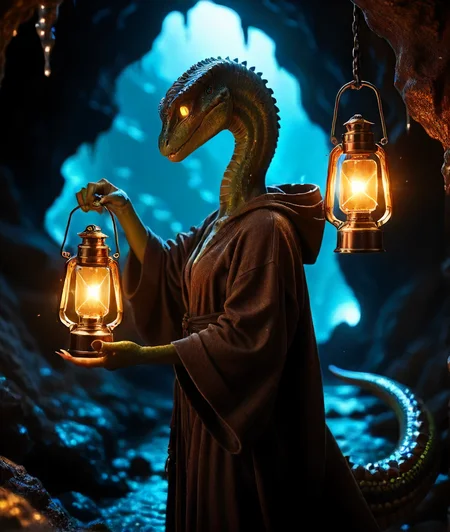 shiny skin, high quality, cel shading, reptile girl with a grudge, holding knife, hood, robe, holding lantern, green-skin, lizard tail, dark cave lit only by lantern, realistic shadows, smooth skin, dynamic action shot, holding, tail, hooded robe, weapon, lantern, glowing, glowing eye, blood on weapon, monster focus, blood, black background, yellow eyes, knife, dagger,
View from the side. A huge green-skinned lizard with a long neck and a large head stands in front of a dark cave entrance. The creature is holding a lantern in its hand and looking forward. The lizard's body is covered with scales and it has glowing yellow eyes.
score_9, score_8_up, score_7_up, score_6_up
 <lora:ReptileSkin01_CE_SDXL:1>