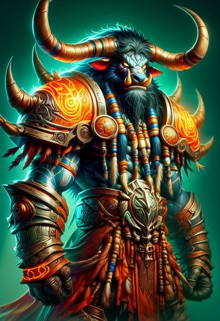 score_9, score_8_up, score_7_up, a tauren shaman male, metal armor, Flashfire glowing runes blue and green,