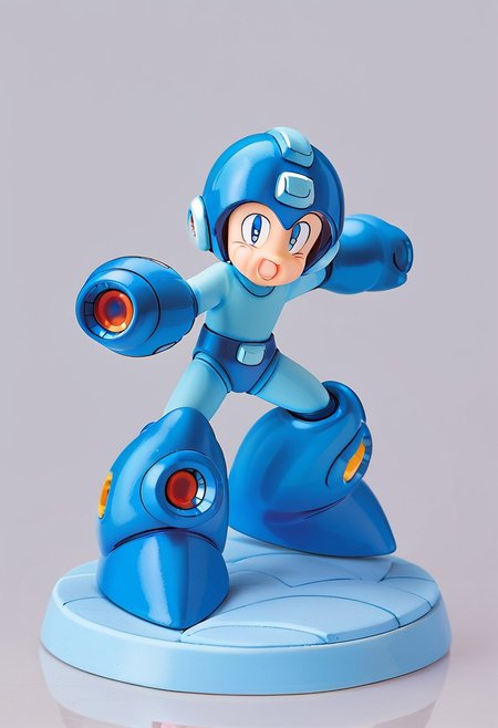 PVC figure, rendering, (((full body))), (((megaman, rockman, mega, rock, arm cannon, blue and cyan armor, helmet, classic, 1boy, kid, child, male))), solo, 1boy,  Precise hands, insanely detailed, perfectionism, max detail, hard edge, hyperrealism,  Highest quality eyes, on a circular stand, blank grey background,