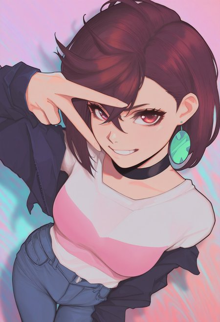 1girl, solo, gradient background, abstract background, looking at viewer, blurry background, foreshortening, grin, 
short hair, brown hair, red eyes, black choker, jacket, jeans, v over eye, earrings, 
masterpiece, best quality, <lora:MischiefMakersV1-Illustrious-guy90:1>, sresim, <lora:dandadan_ayase_illustriousXL:1>, ayase momo