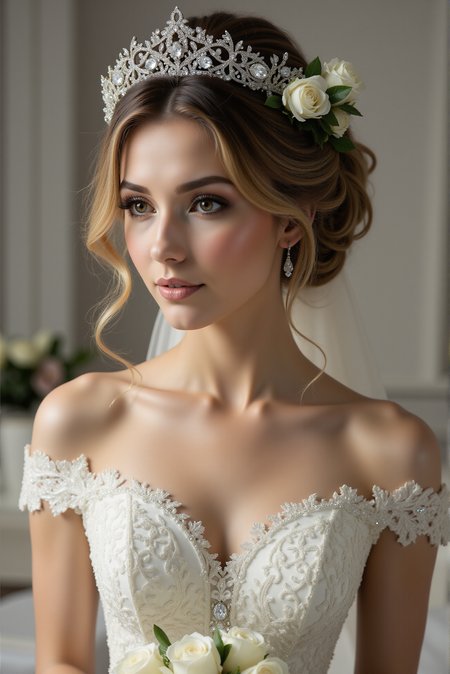 <lora:FFS_v.5:0.8> FFS style. This photograph captures a stunning, close-up portrait of a young woman in a sophisticated, bridal setting. The subject is dressed in an elaborate, white, off-the-shoulder wedding gown adorned with intricate lace and beadwork. The dress features delicate, lace appliqués that shimmer with silver embellishments, creating a sense of elegance and refinement. Her hair is styled in a romantic updo with loose, wavy locks cascading down her back, adorned with a beautiful, ornate tiara that boasts intricate detailing and a few white flowers. The tiara is embellished with small, round gemstones that catch the light, adding a touch of sparkle. A delicate, flowing veil cascades down her back, blending seamlessly with her hair. The woman's skin is smooth and radiant, with a soft, golden undertone. Her makeup is subtle yet striking: her eyes are accentuated with a smokey eye and eyelash extensions, while her lips are painted a natural pinkish nude.