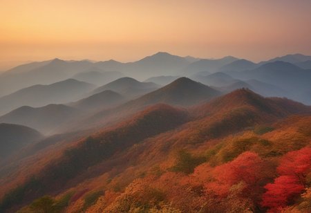 Seoraksan Mountain bathed in the warm glow of autumn, vibrant foliage in shades of orange, red, and yellow, nestled in the foothills, mist weaving through the valleys, majestic peaks in the background under a soft, hazy light, golden hour, high dynamic range photography, luminescent ceosome lighting, crisp autumnal atmosphere, ultra fine details.