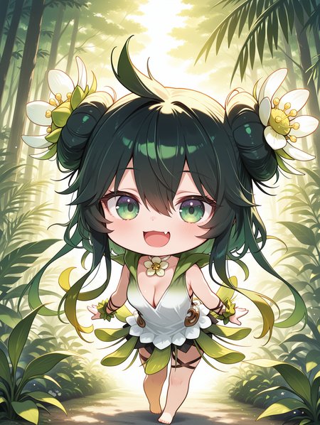 plant girl,traptrix vesiculo,1girl,solo,fang,smile,looking at viewer,open mouth,cleavage,:d,full body,double bun,white hair flower,white flower choker,green sleeveless dress,green wrist scrunchie,black skirt,black thigh strap,chibi,barefoot,nature, 
masterpiece,best quality,amazing quality,very aesthetic,absurdres,newest,<lora:Traptrix Vesiculo illuXL v1:0.7>,