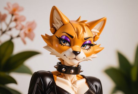 score_9, score_8_up, score_7_up, score_6_up, score_5_up, source_furry, (eyeshadow:1.6), feminine eyelashes, 1girl, female, thin waist, (spiked collar:1.4), tama, female, bobcat, cat, robot, 1girl, brown, strips, anthro