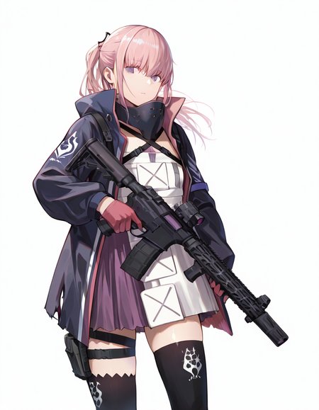 Volumetric Lighting, (masterpiece), (best quality), (ultra-detailed), masterpiece, source_anime, score_9, score_8_up, score_7_up BREAK, illustration, disheveled hair, detailed eyes, perfect composition, moist skin, intricate details BREAK, purple eyes, pink hair, ponytail, sidelocks, hair between eyes BREAK, AR15MOD3, layered clothes, MOD3_vest, white vest, MOD3_jacket, black jacket, MOD3_dress, pink dress, MOD3_chest_strap, uneven legwear, MOD3_thighhighs, MOD3_gloves, MOD3_thigh_holster, MOD3_thigh_strap, MOD3_battle_mask, MOD3_hair_ornament, BREAK, ((white background)), looking at viewer, standing, holding rifle, assault rifle, ar-15, holding ar-15, trigger discipline