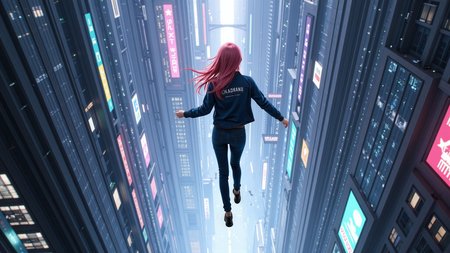 Vertical top-down shot,a 20-year-old girl with long pink hair wearing a dark blue denim jacket and tight jeans jumps from a great height,with the camera capturing only her back. Her arms are slightly spread,and her long hair flows in the wind. Below,a neon-lit cyberpunk city glows with vibrant reflections on glass skyscrapers,holographic billboards floating in midair,and a strong futuristic atmosphere. Intense sense of motion,cinematic quality,ultra-high-definition details,vivid style.,<lora:yuukananri-base-02-flux:0.8>,yuukananri,she has a slender physique and a petite build,<lora:kcyberpunk-01:0.5>,kcyberpunk,