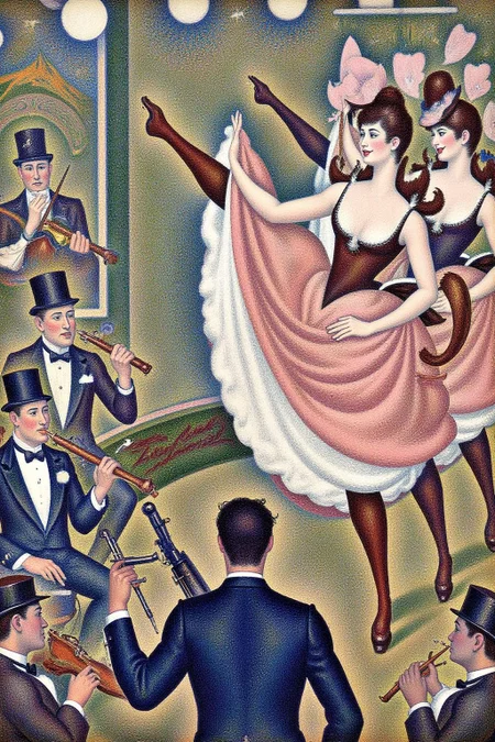 geoseu1 pointillist painting.
A lively cabaret scene. The painting showcases a group of performers energetically kicking their legs in unison during a can-can dance, their movements dynamic and rhythmic. The central figure is a male dancer dressed in formal attire, surrounded by female dancers in flowing skirts with bright, bold colors. There is a band performing in the foreground. <lora:geoseu1_cap_d6a3e12:1.0><lora:821056322595424441:0>