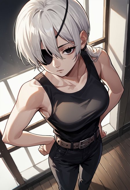 score_9_up, score_8_up, score_7_up, score_6_up, score_5_up, score_4, source_anime, 1girl, white hair, ponytail, long hair, black eyes, black tank top, sleeveless, bare shoulders, brown belt, black pants, high-waist pants, eyepatch
solo, cinematic lighting, dynamic angle, unique angle, skin tight, looking at viewer, bedroom, medium breasts, big butt, hips, thighs, above view, standing, hands on hip