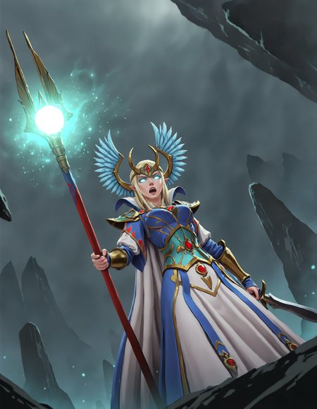 masterpiece, good quality, best quality, 2d, anime, dutch angle, from below,
looking at viewer, hearchmage, solo, determined, 
casting spell, spell, magic, holding staff, open mouth, (photokinesis), powering up, light particles, glowing eyes, 
 <lora:HEArchmage_Vpred:0.6>