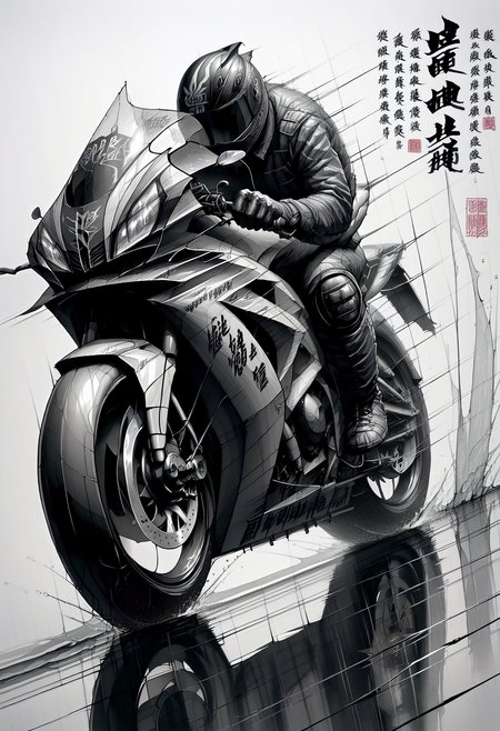score_9, score_8_up, score_7_up, score_9, <lora:cllgrphy_pdxl_EliPot:1> monochrome, chinese text,
motor vehicle, motorcycle helmet, on motorcycle, traditional chinese text, armor, male focus, 1boy, riding, boots, knee pads, spot color, speed lines, 1other, biker clothes, gloves, motion blur, ambiguous gender, from side, white background, full body, reflection, simple background, sitting, covered face, dutch angle, bikesuit