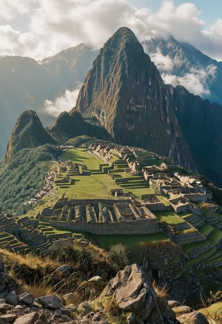 their peaks veiled in mist. mixed media, surrealism, great lighting, A surreal landscape highly detailed . extremely high-resolution details,  appears trapped in an optical illusion of reflections and refractions colorful , Machu Picchu high up in the mountains, professional photography, natural lighting, volumetric lighting maximalist. intricately detailed, complex, elegant, expansive, fantastical, film photography style,  medium grain