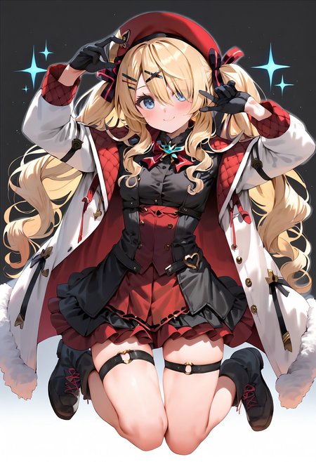 score_9,score_8_up,score_7_up,<lora:PDFA_Style6559515941d2a06gas10-000525:0.8>,1girl,solo,bangs,blush,smile,looking at viewer,:d,arm up,beret,black footwear,black gloves,black shirt,blonde hair,blue eyes,boots,bow,breasts,brooch,closed mouth,cross-laced footwear,dress,full body,fur trim,fur-trimmed jacket,gloves,gradient background,hair between eyes,hair ornament,hair over one eye,hairclip,hands up,hat,holding,jacket,jewelry,long hair,long sleeves,midriff,open clothes,open jacket,outline,red bow,red dress,red headwear,red jacket,shirt,small breasts,standing,thigh strap,twintails,very long hair,wavy hair,white outline,white headwear,white jacket