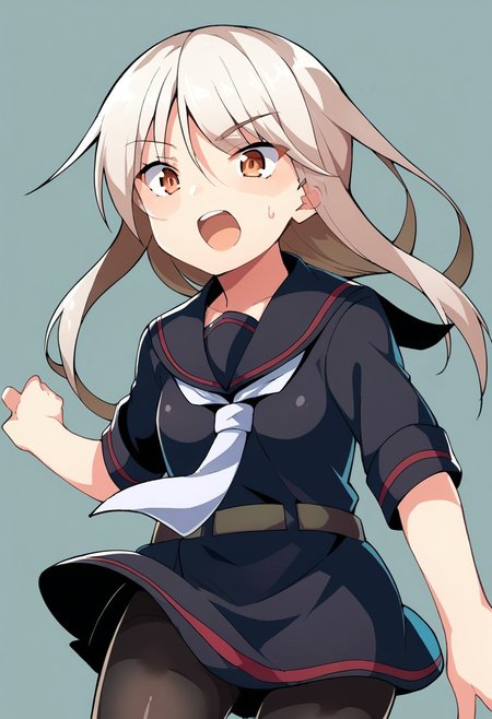 score_9, score_8, score_7, source_anime, kikuzuki (kancolle), sailor collar, cowboy shot, shirt, pantyhose, necktie, black pantyhose, neckerchief, open mouth, white neckerchief, black shirt