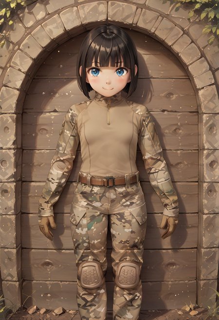 (score_9, score_8_up, score_7_up, highest score, best quality:1.2), zPDXL3, NEGATIVE_HANDS, detail1eye, handfixer, hi-res, 16k, source_anime BREAK , 1girl, short  black hair, hime cut, blunt bangs, blue eyes, small breasts, standing, smirk, crossed arms BREAK G4MulticamUniform, camouflage, camouflage pants, camouflage shirt, long sleeves, zipper, brown gloves, belt, knee pads, BREAK trees, tree log, log pile, (outdoors:1.3), cowboy shot, front view, sharp colors, perfect anatomy, (detailed realistic background:1.3), (high quality:1.1), (ultra detailed:1.4), <lora:pony_good_hands:0.7>, <lora:add-detail-xl:1>, <lora:xl_more_art-full_v1:0.5>