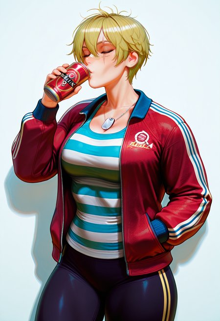 masterpiece, high quality, b4lt1k49, 1girl, solo, blonde hair, short hair, hair between eyes, closed eyes, long chin, wide jaw, scar across eye, bandaid on nose, dog tag, muscular, simple background, cowboy shot, white and blue striped tank top, red jacket, open jacket, track jacket, holding, beer can, drinking, black leggings, wall,