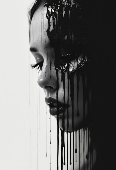 A hauntingly surreal portrait capturing the duality of existence—her face, solemn and introspective, tilts downward, eyes heavy with an unspoken weight. Streaks of thick, paint-like tears fall from her cheeks, each droplet peeling away the surface reality to reveal another version of herself beneath. The cascading rivulets expose fragmented reflections—alternate expressions, hidden emotions, glimpses of a self lost in time. The composition is stark yet fluid, with deep monochrome contrasts melting into bleeding strokes of crimson and shadow. A silent sorrow lingers in the negative space, where the divide between identity and illusion dissolves like ink into water