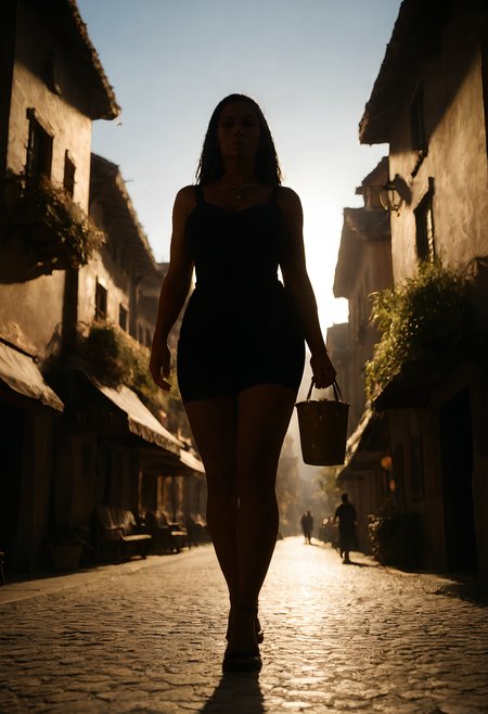 score_9, score_8_up, score_7_up, source_photo, surreal lighting, 1girl, Midlife Late Middle Age, curvy, Mocha skin, Soft Black hair, Frock, village, subject in mid-air, framed from below, rating_safe, <lora:pony\styles\lufnis:1.0000000000000002>