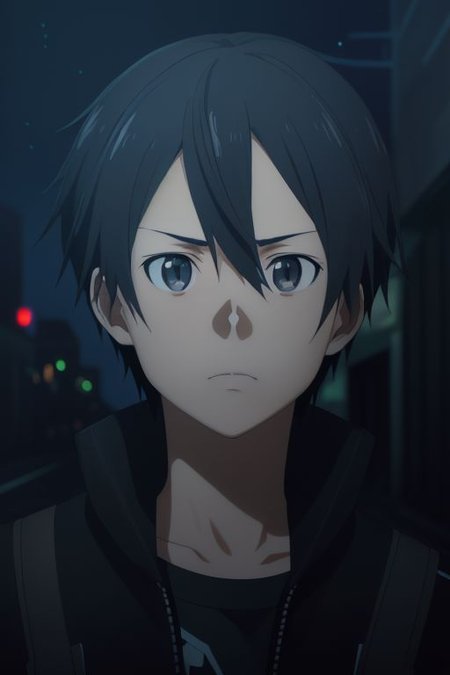 high resolution, solo, best quality, 1Boy, Kazuto Kirigaya, portraits, Black Hair, Black Eyes, portrait, midnight, dim street lights, mysterious, threatening, gun, aiming the gun to the viewer, OverallDetail
