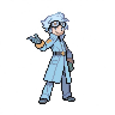 1boy, 
full body, 
light blue hair, coat, goggles, gloves, blue eyes, smirk
