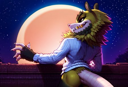 score_9, score_8_up, score_7_up, score_6_up, Clutch the Opossum, black sclera, back view, shirt, diamond cufflinks. gold tooth, sharp teeth, glowing eyes, sea, dock, gun cane, night, moon, stars, ambient light, solo, looking back at viewer, detailed, furry, 5 fingers