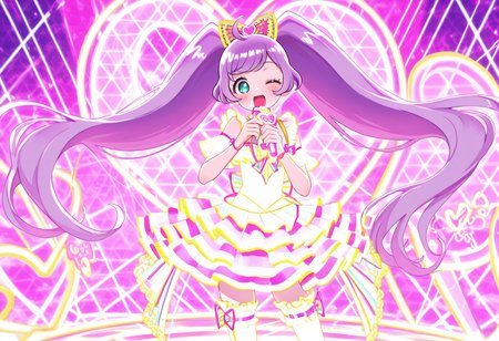 best quality, masterpiece, absurdres, manaka laala, holding microphone,  one eye closed,  glowing dress,  thighhighs, heart, bazillium live, solo <lora:manaka_laala:1> <lora:bazilliumlive_Illust_v1:1>