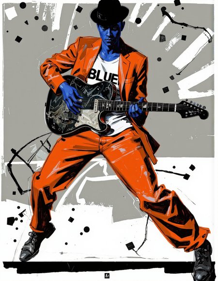 By Martin French. A vibrant and stylized illustration of a blues musician playing a guitar, captured in an abstract art style with bold lines and geometric shapes. the background is a mix of gray and white, with abstract shapes and lines scattered throughout, creating a visually striking contrast. in the center of the image, a man with blue skin appears to be in his mid-twenties, wearing an orange suit and a black hat, holding a guitar in his right hand. he has a serious expression on his face, and his body is positioned in a way that creates a sense of movement and energy. the man is wearing a white shirt with black lettering, and a pair of orange pants that are slightly bent at the knees, adding to the dynamic and energetic feel of the artwork. the overall effect is one of vibrancy and energy, with a focus on the blues musician and his instrument. <lora:Martin_French:0.85>
