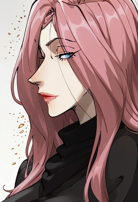 (score_9, score_8_up, score_7_up, score_5_up, score_5_up), Expressiveh, detailed face, longshuyun, 1gir, pink hair, long hair, blue eyes, eyes visible through hair, makeup, lipstick, large breasts, black sweater, turtleneck, masterpiece, best quality, portrait, white background, head tilt, looking at viewer, facing viewer, dynamic angle, golden light,light particles, side view, arms under breasts